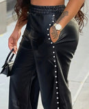 Solid Color Baggy Wide Leg Pocket PU Leather Pants