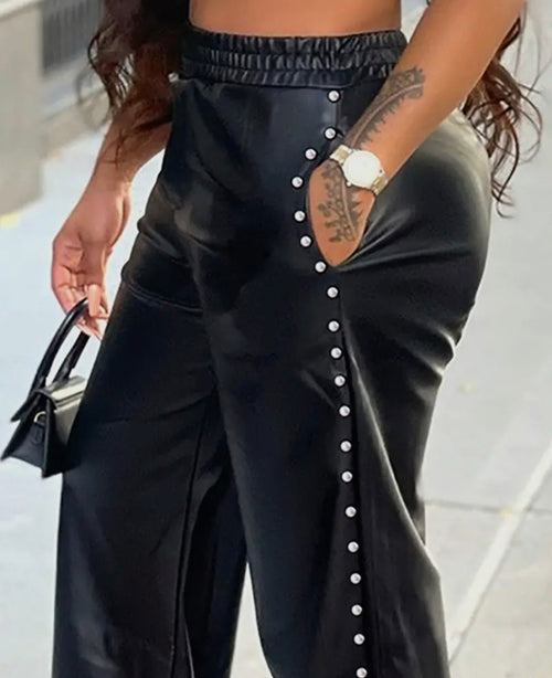 Solid Color Baggy Wide Leg Pocket PU Leather Pants
