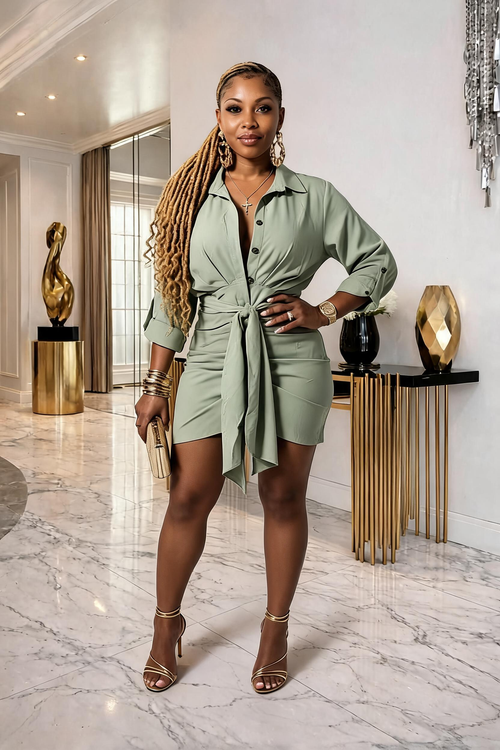 Sage the Scene" Tie-Waist Shirt Dress