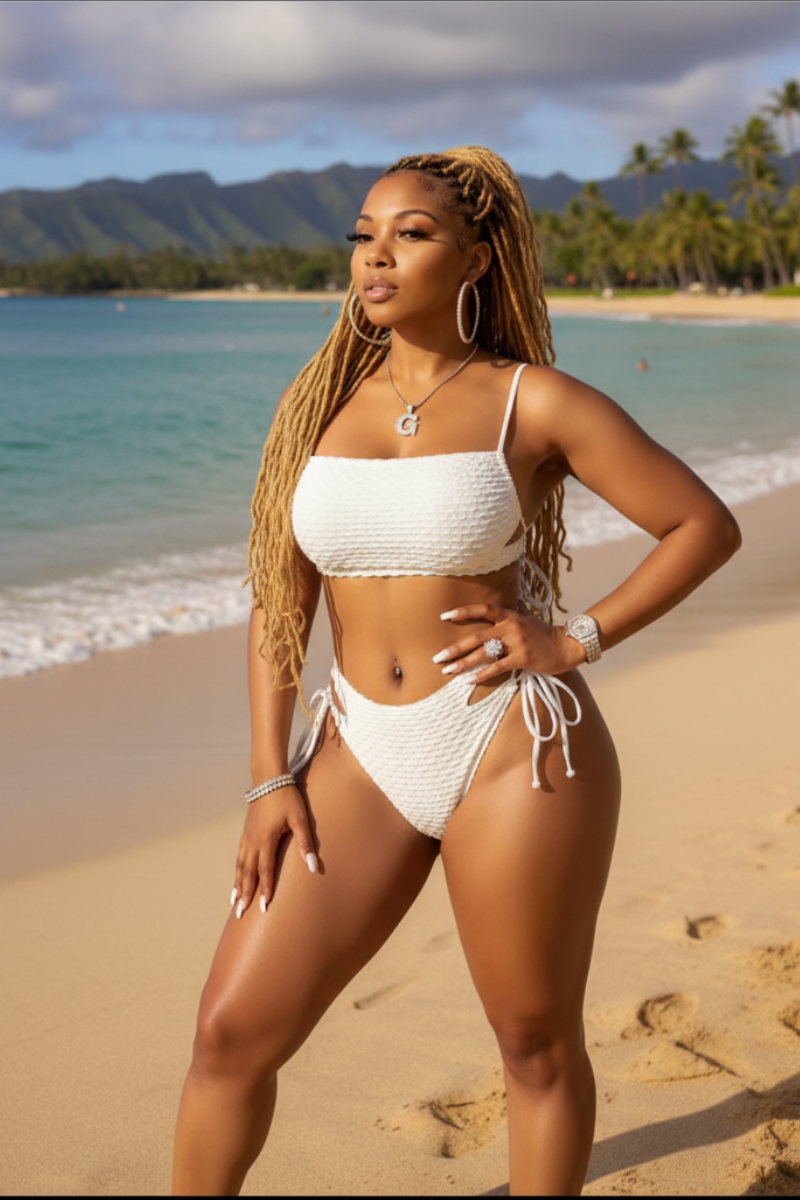 Coconut Creme Drawstring Lace Up Swimsuit