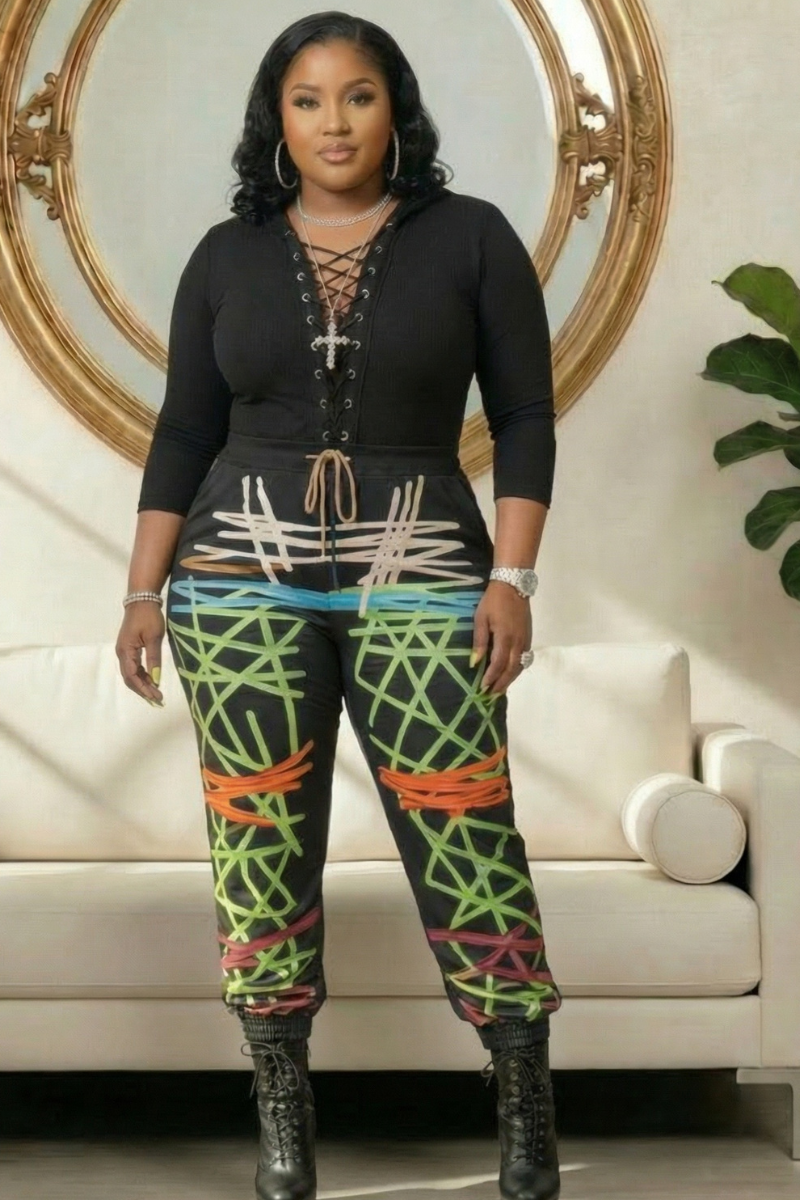 Curvy Abstract Print Eyelet Lace Up Set