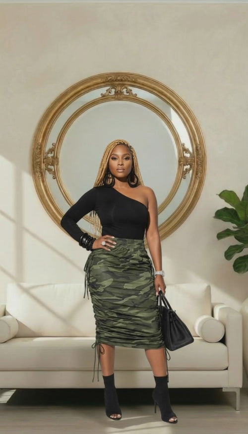 Camoflage Print Pocket Design Ruched Maxi Skirt