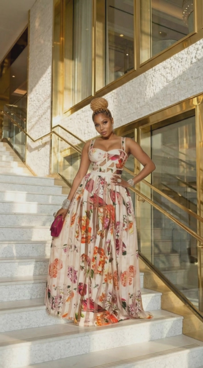 Floral Cutout Illusion Mesh Patch Maxi Dress