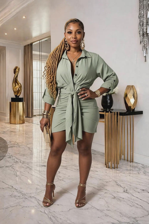 Sage the Scene" Tie-Waist Shirt Dress