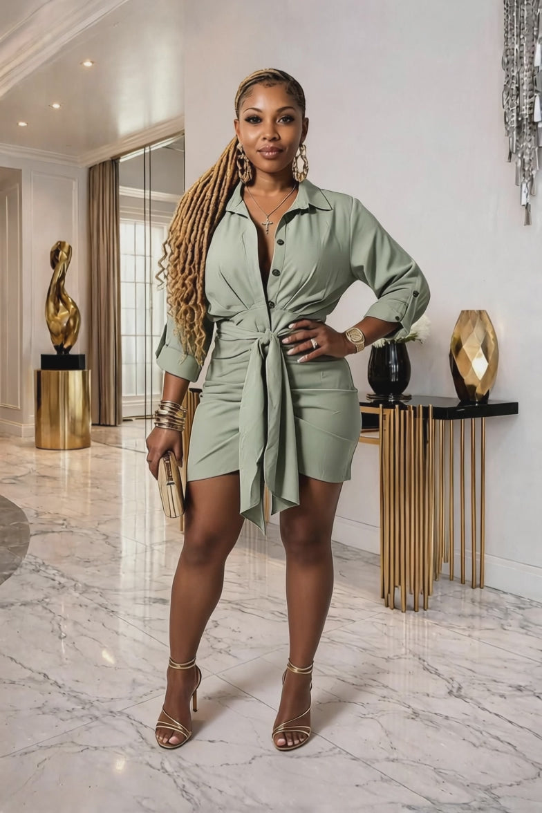 Sage the Scene" Tie-Waist Shirt Dress